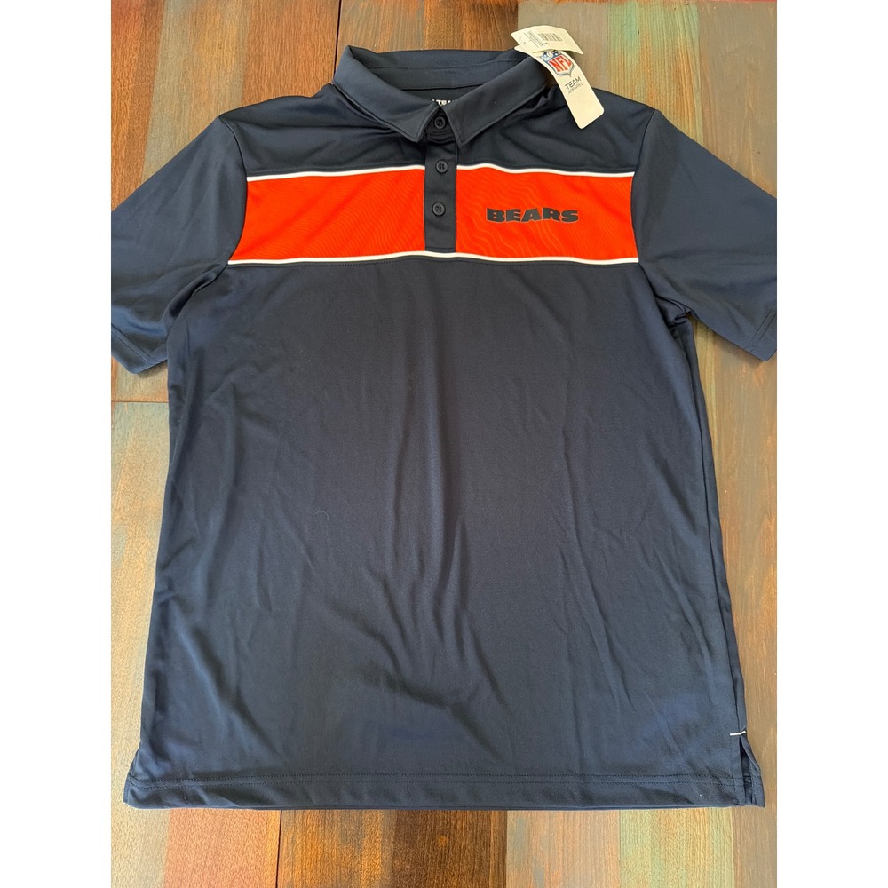 NFL Team Apparel Chicago Bears Mens Navy Blue Orange Stripe Polo Shirt NWT L
